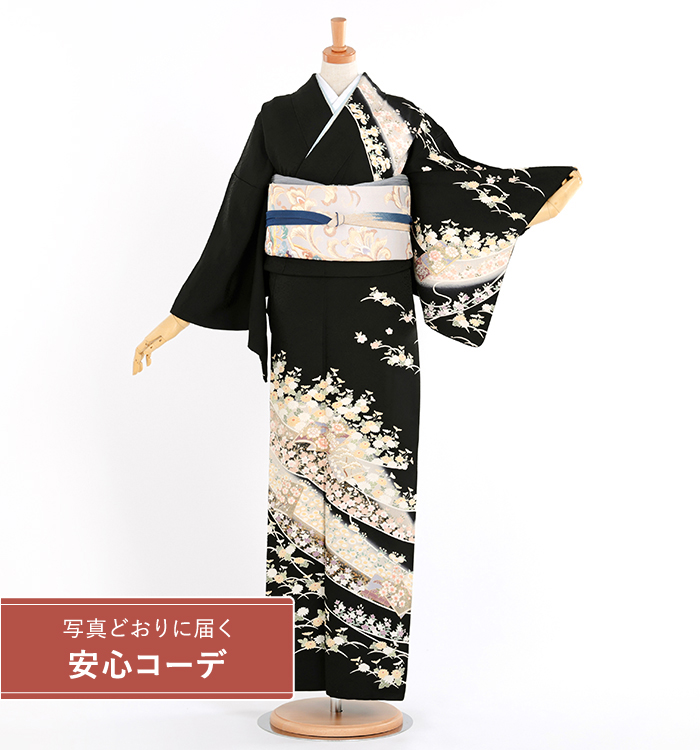 【写真どおりに届く安心コーデ】訪問着レンタル　訪問着Lサイズ　露芝に花　黒