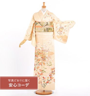 【写真どおりに届く安心コーデ】訪問着レンタル　訪問着Lサイズ　雲取貝桶松桜菊　クリーム