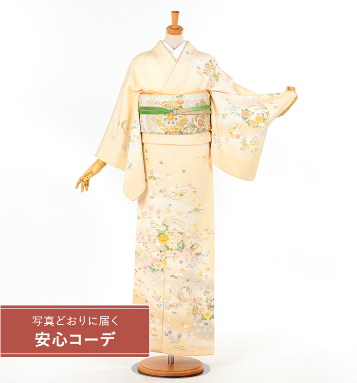 【写真どおりに届く安心コーデ】訪問着レンタル　訪問着Mサイズ　花の丸草花散図　クリーム