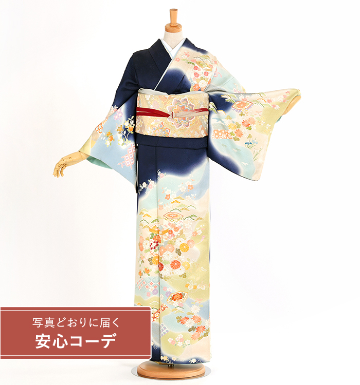 【写真どおりに届く安心コーデ】訪問着レンタル　訪問着LLサイズ　貝桶に四季花　濃紺