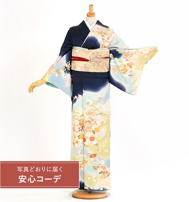 【写真どおりに届く安心コーデ】訪問着レンタル　訪問着LLサイズ　貝桶に四季花　濃紺