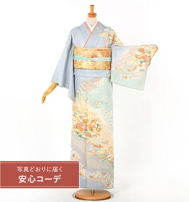 【写真どおりに届く安心コーデ】訪問着レンタル　訪問着Lサイズ　慶長桃山四季花　水色