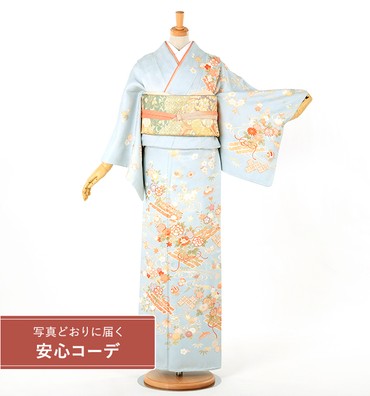 【写真どおりに届く安心コーデ】訪問着レンタル　訪問着SSサイズ　花筏春秋文　水色