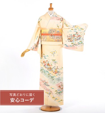 【写真どおりに届く安心コーデ】訪問着レンタル　訪問着LLOサイズ　四季花文　濃クリーム