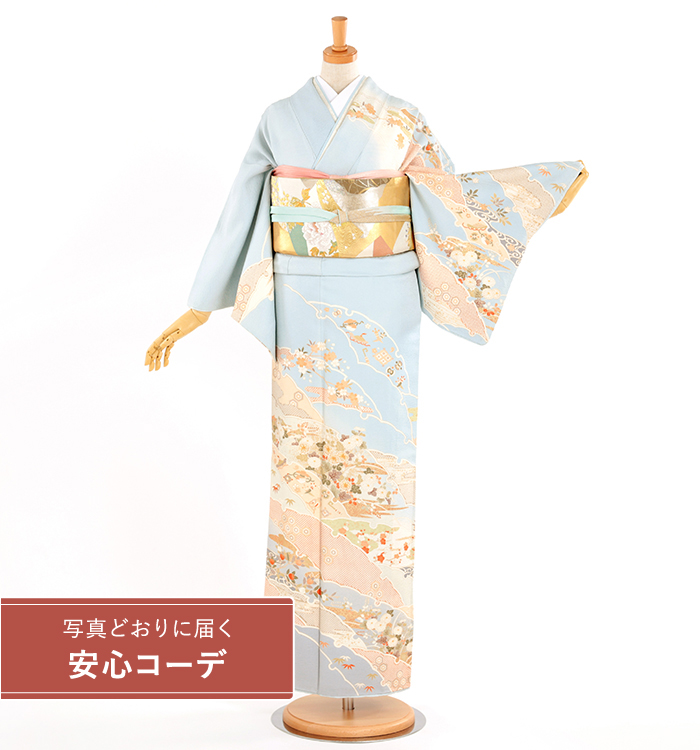 【写真どおりに届く安心コーデ】訪問着レンタル　訪問着Lサイズ　雪輪重四季花文　水色