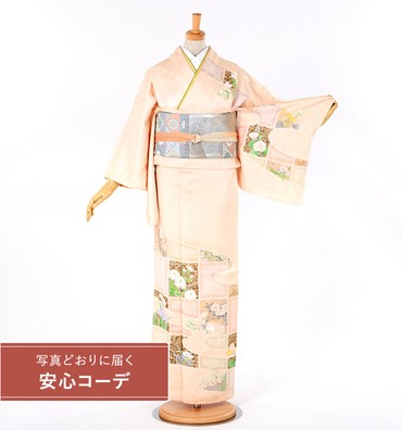 【写真どおりに届く安心コーデ】訪問着レンタル　訪問着Sサイズ　京友禅：染の北川　四季花屏風図　サーモンピンク