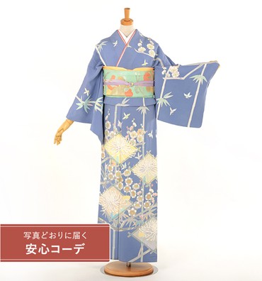 【写真どおりに届く安心コーデ】訪問着レンタル　訪問着MOサイズ　加賀友禅：山本みき　四君子　青グレー