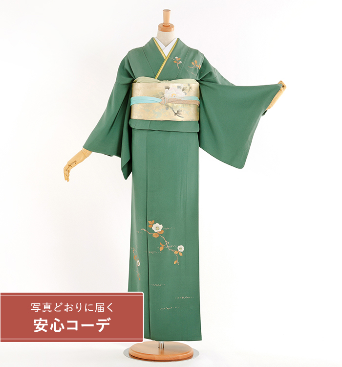 【写真どおりに届く安心コーデ】訪問着レンタル　訪問着Lサイズ　京刺繍：森康次　椿　緑