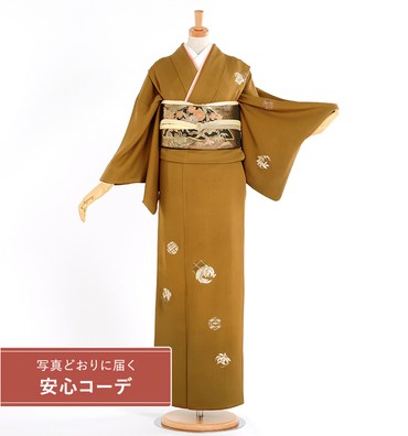 【写真どおりに届く安心コーデ】訪問着レンタル　訪問着Lサイズ　刺繍：桐竹鳳凰雪輪文　金茶