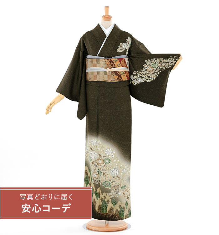 【写真どおりに届く安心コーデ】訪問着レンタル　訪問着Mサイズ　絞り　辻ヶ花木立に小花　濃緑