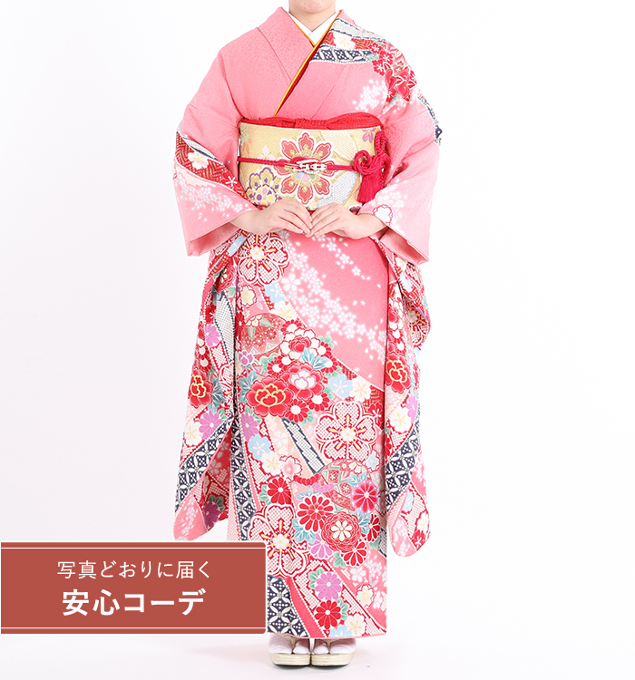 【写真どおりに届く安心コーデ】振袖レンタル　振袖Sサイズ　十日町友禅　絞り：滝泰　熨斗に桜　ピンク