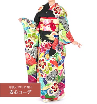 【写真どおりに届く安心コーデ】振袖レンタル　振袖Lサイズ　ブランド：AMIAYA×紅一点　鶴に花　黒