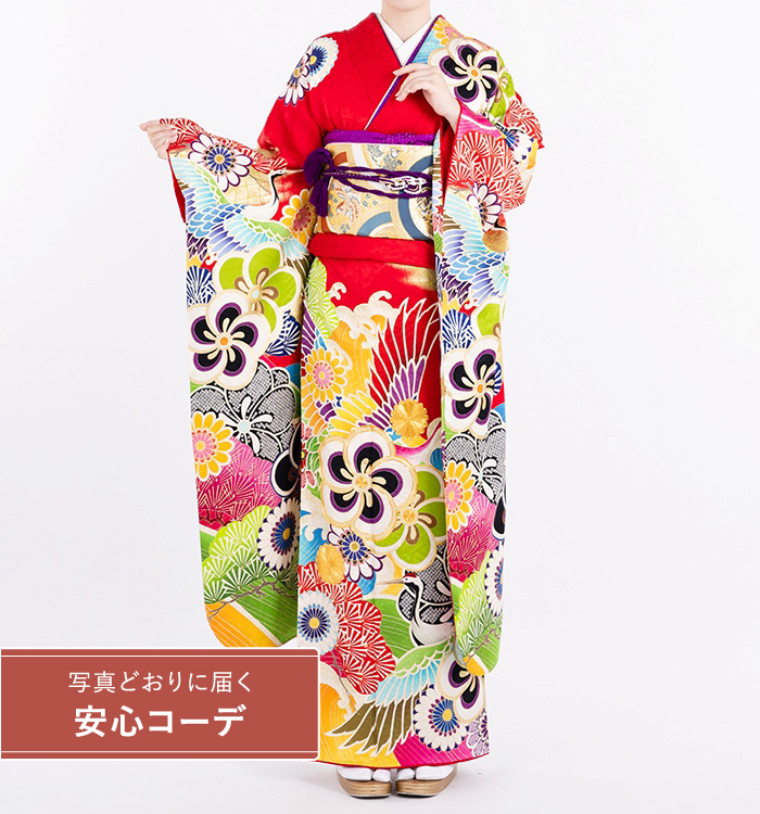 【写真どおりに届く安心コーデ】振袖レンタル　振袖Sサイズ　ブランド：AMIAYA×紅一点　鶴に花　赤