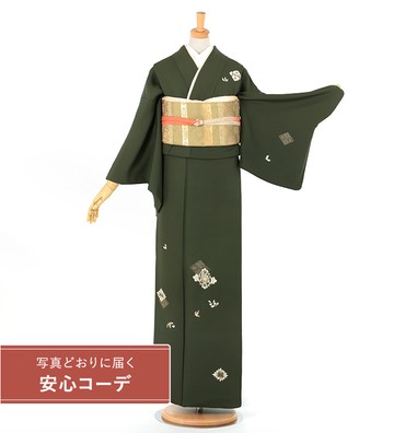 【写真どおりに届く安心コーデ】訪問着レンタル　訪問着Mサイズ　刺繍：花菱　濃緑