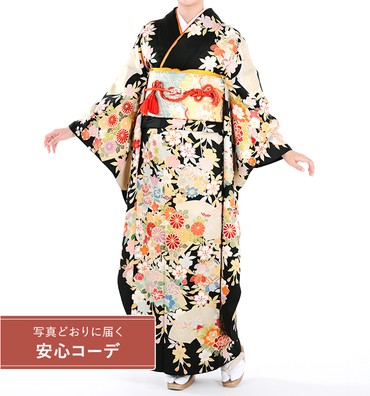 【写真どおりに届く安心コーデ】振袖レンタル　振袖LLサイズ　京友禅：扇面図草花文　黒