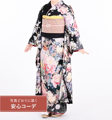 【写真どおりに届く安心コーデ】振袖レンタル　振袖SOサイズ　ブランド：ZIPANG　百花繚乱　黒