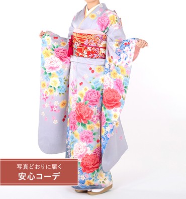 【写真どおりに届く安心コーデ】振袖レンタル　振袖LLサイズ　牡丹と桜菊　薄グレー