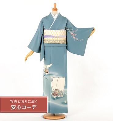 【写真どおりに届く安心コーデ】訪問着レンタル　訪問着Sサイズ　九谷焼作家北村隆監修：北前船　青グレー