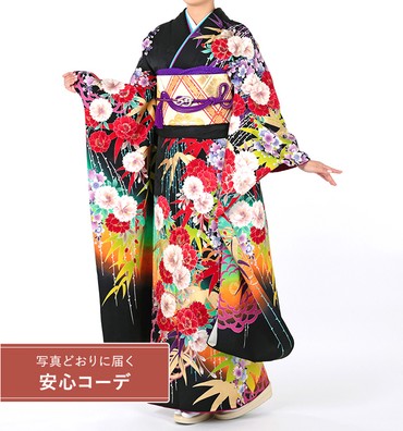 【写真どおりに届く安心コーデ】振袖レンタル　振袖Lサイズ　ブランド：MERCURYDUO　四季花文　黒