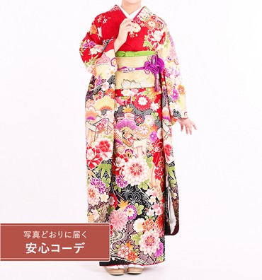 【写真どおりに届く安心コーデ】振袖レンタル　振袖Lサイズ　扇面四季花文　赤