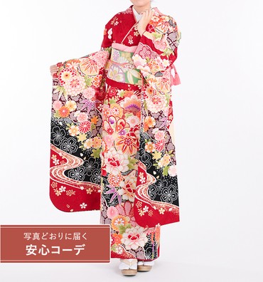 【写真どおりに届く安心コーデ】振袖レンタル　振袖LOサイズ　鞠四季花　濃赤