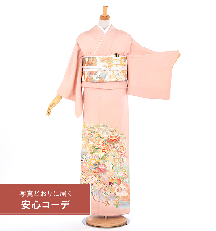 【写真どおりに届く安心コーデ】色留袖レンタル　色留袖Lサイズ　貝桶と四季花文　ピンク　五つ紋：桔梗