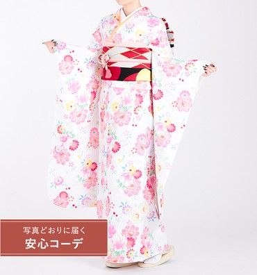 【写真どおりに届く安心コーデ】振袖レンタル　振袖Mサイズ　花さくらんぼ　白/ピンク
