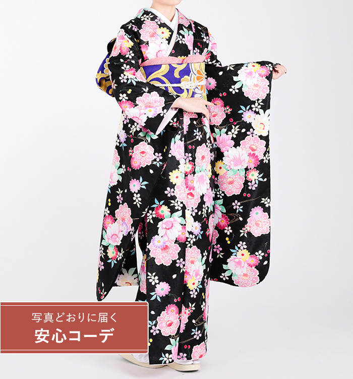 【写真どおりに届く安心コーデ】振袖レンタル　振袖Mサイズ　花さくらんぼ　黒/ピンク