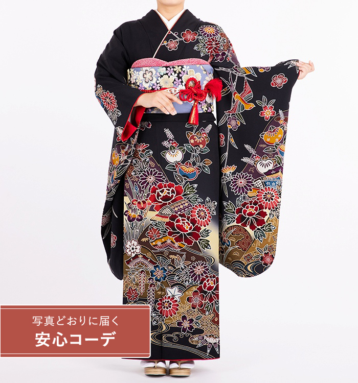 【写真どおりに届く安心コーデ】振袖レンタル　振袖SSサイズ　紅型風：花鳥図　墨色