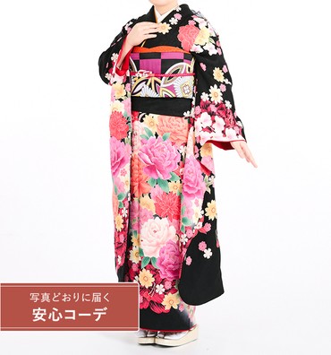 【写真どおりに届く安心コーデ】振袖レンタル　振袖MOサイズ　百花繚乱　黒