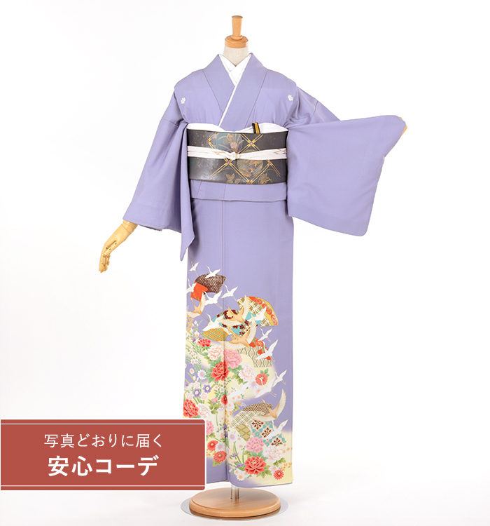 【写真どおりに届く安心コーデ】色留袖レンタル　色留袖Lサイズ　扇面飛鶴と四季花文　青紫色　五つ紋：五三桐
