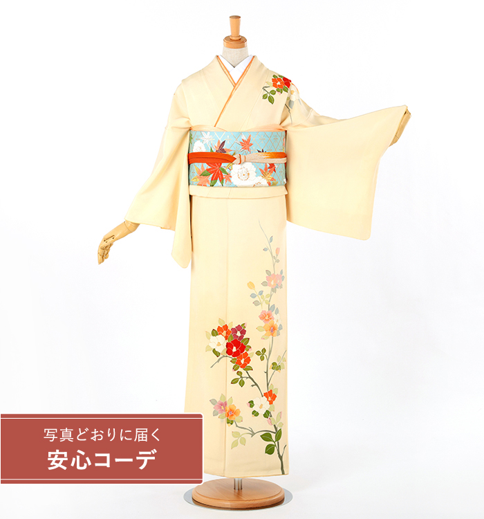 【写真どおりに届く安心コーデ】訪問着レンタル　訪問着SSサイズ　椿　クリーム