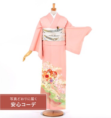 【写真どおりに届く安心コーデ】色留袖レンタル　色留袖Lサイズ　道長取りに鼓菊桜　ピンク　五つ紋：五三桐