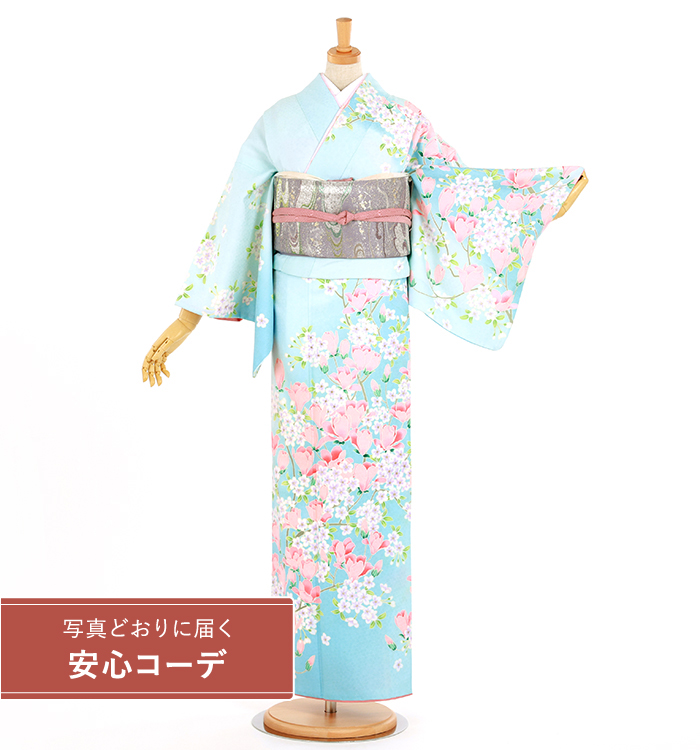 【写真どおりに届く安心コーデ】訪問着レンタル　訪問着Lサイズ　ブランド：H・L　木蓮に桜　水色