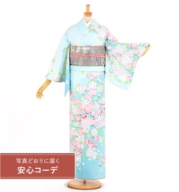 【写真どおりに届く安心コーデ】訪問着レンタル　訪問着Lサイズ　ブランド：H・L　木蓮に桜　水色
