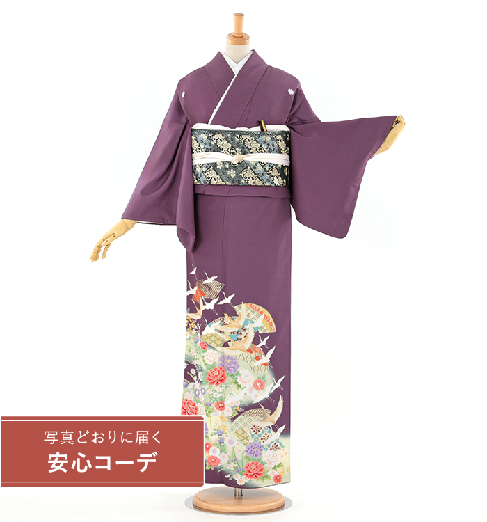 【写真どおりに届く安心コーデ】色留袖レンタル　色留袖Lサイズ　扇面鶴と四季花　紫　五つ紋：五三桐