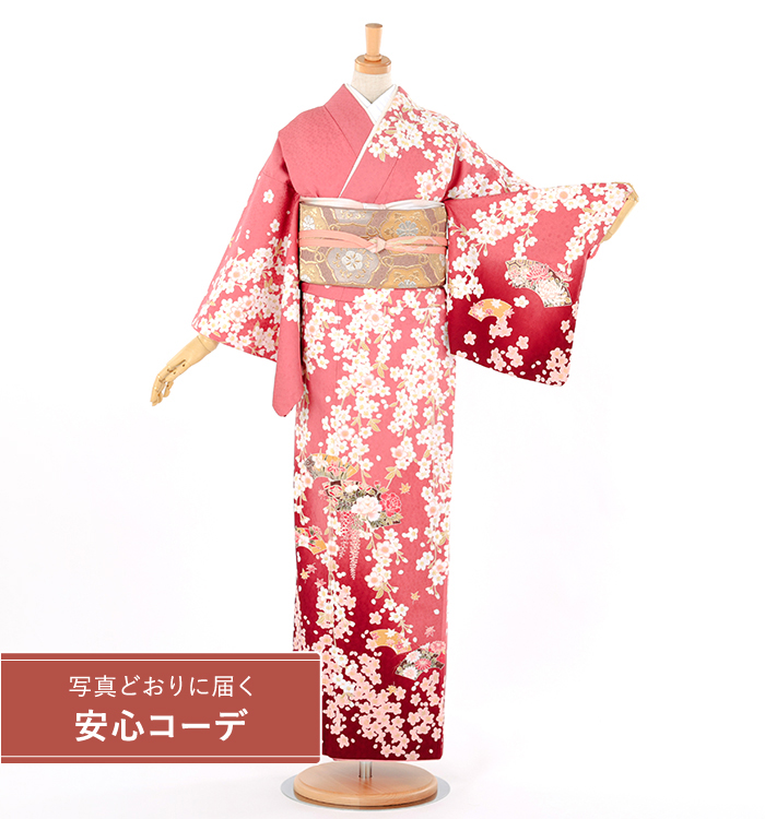 【写真どおりに届く安心コーデ】訪問着レンタル　訪問着Lサイズ　ブランド：H・L　扇面桜　濃ピンク/赤