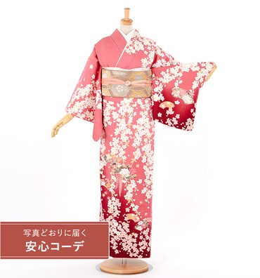 【写真どおりに届く安心コーデ】訪問着レンタル　訪問着Lサイズ　ブランド：H・L　扇面桜　濃ピンク/赤