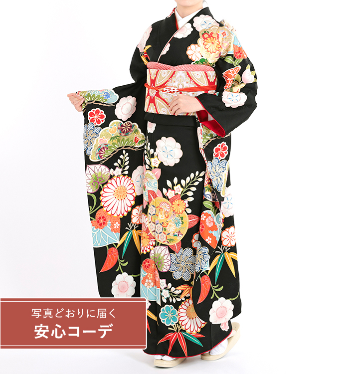 【写真どおりに届く安心コーデ】振袖レンタル　振袖Sサイズ　大華文　黒