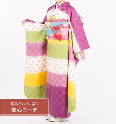 【写真どおりに届く安心コーデ】振袖レンタル　振袖Lサイズ　紬：草木染　熨斗目　紫/黄/黄緑/白
