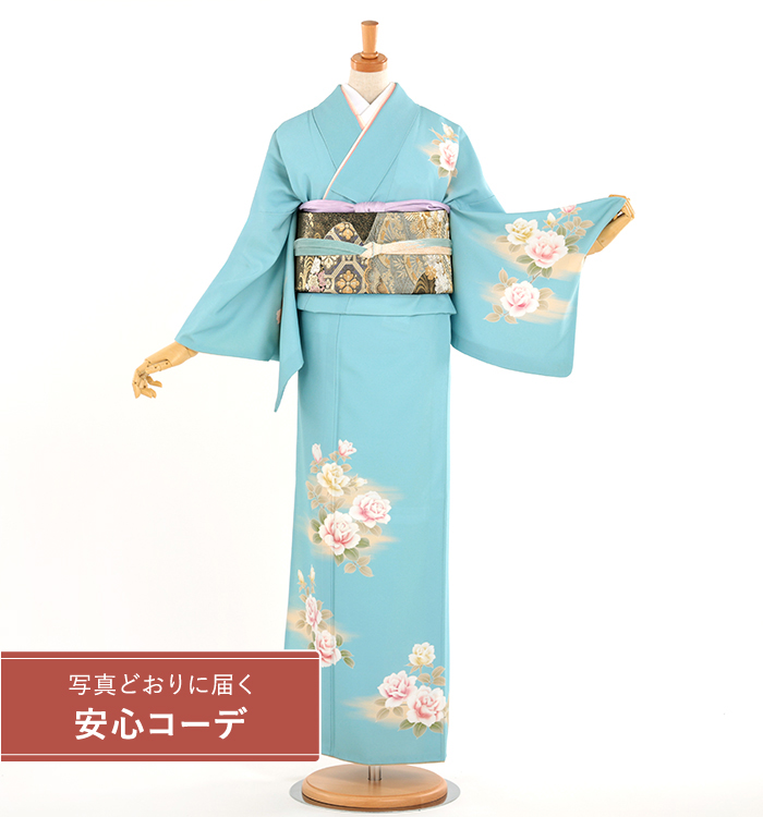 【写真どおりに届く安心コーデ】訪問着レンタル　訪問着Lサイズ　ブランド：JAPANSTYLE　薔薇の香　水色
