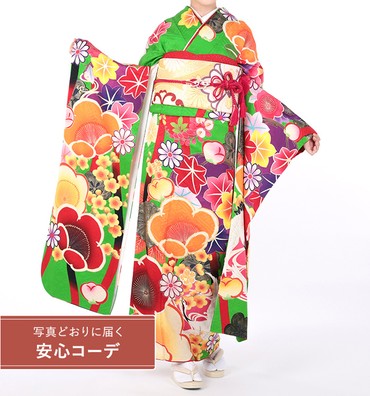 【写真どおりに届く安心コーデ】振袖レンタル　振袖Lサイズ　ブランド：mim・mam×紅一点　大梅に鶴　緑