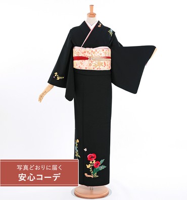 【写真どおりに届く安心コーデ】訪問着レンタル　訪問着Lサイズ　ブランド　刺繍：tsumori chisato　猫と花　黒