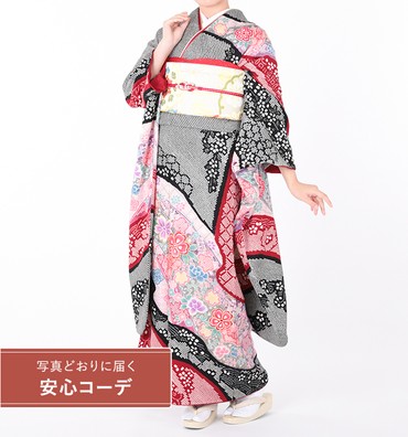 【写真どおりに届く安心コーデ】振袖レンタル　振袖LLOサイズ　絞り：山重ねに束ね熨斗華　黒/赤