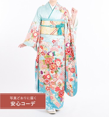 【写真どおりに届く安心コーデ】振袖レンタル　振袖Mサイズ　束ね熨斗に四季花文　水色