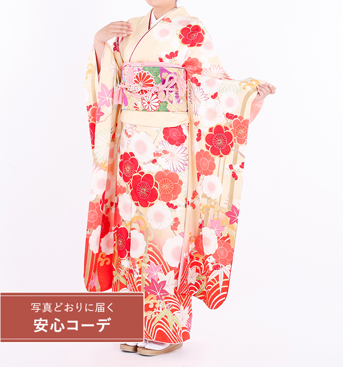 【写真どおりに届く安心コーデ】振袖レンタル　振袖Sサイズ　梅菊と花　クリーム