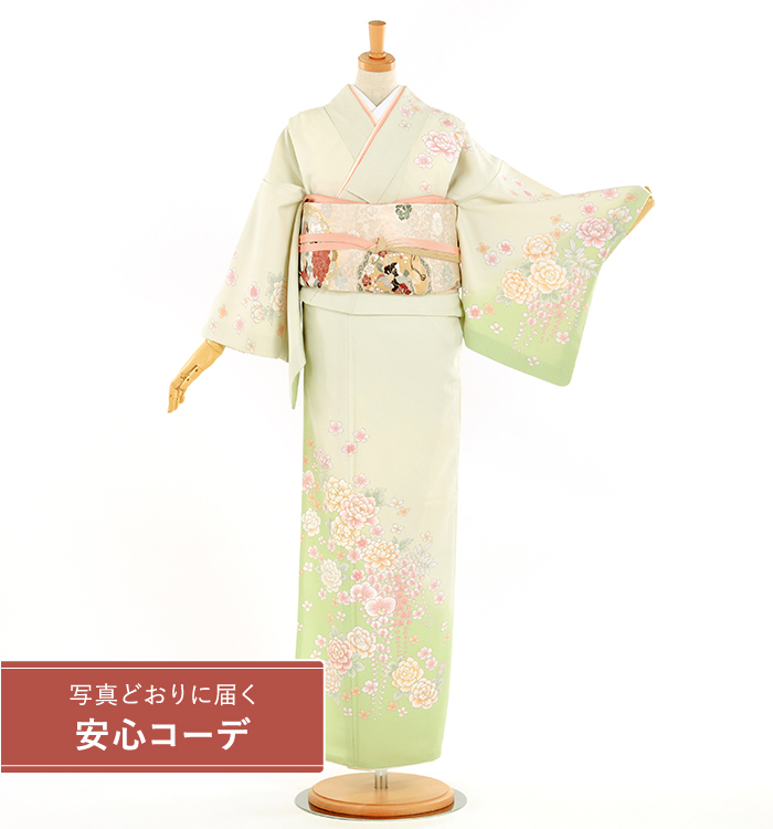 【写真どおりに届く安心コーデ】訪問着レンタル　訪問着Lサイズ　ブランド：JAPANSTYLE　百花繚乱　黄緑