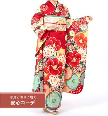 【写真どおりに届く安心コーデ】振袖レンタル　振袖Lサイズ　ブランド：SPIRALGIRL　椿に万寿菊　朱赤