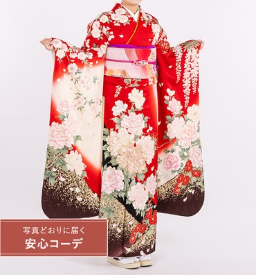 【写真どおりに届く安心コーデ】振袖レンタル　振袖Lサイズ　四季花に金彩　赤