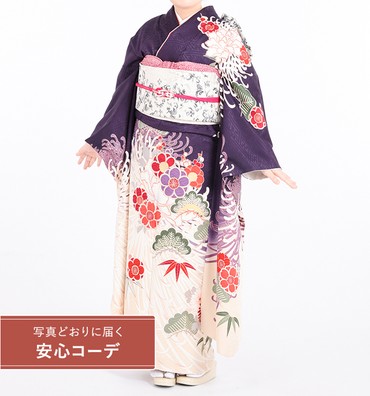 【写真どおりに届く安心コーデ】振袖レンタル　振袖MOサイズ　乱菊に松竹梅　紫/白